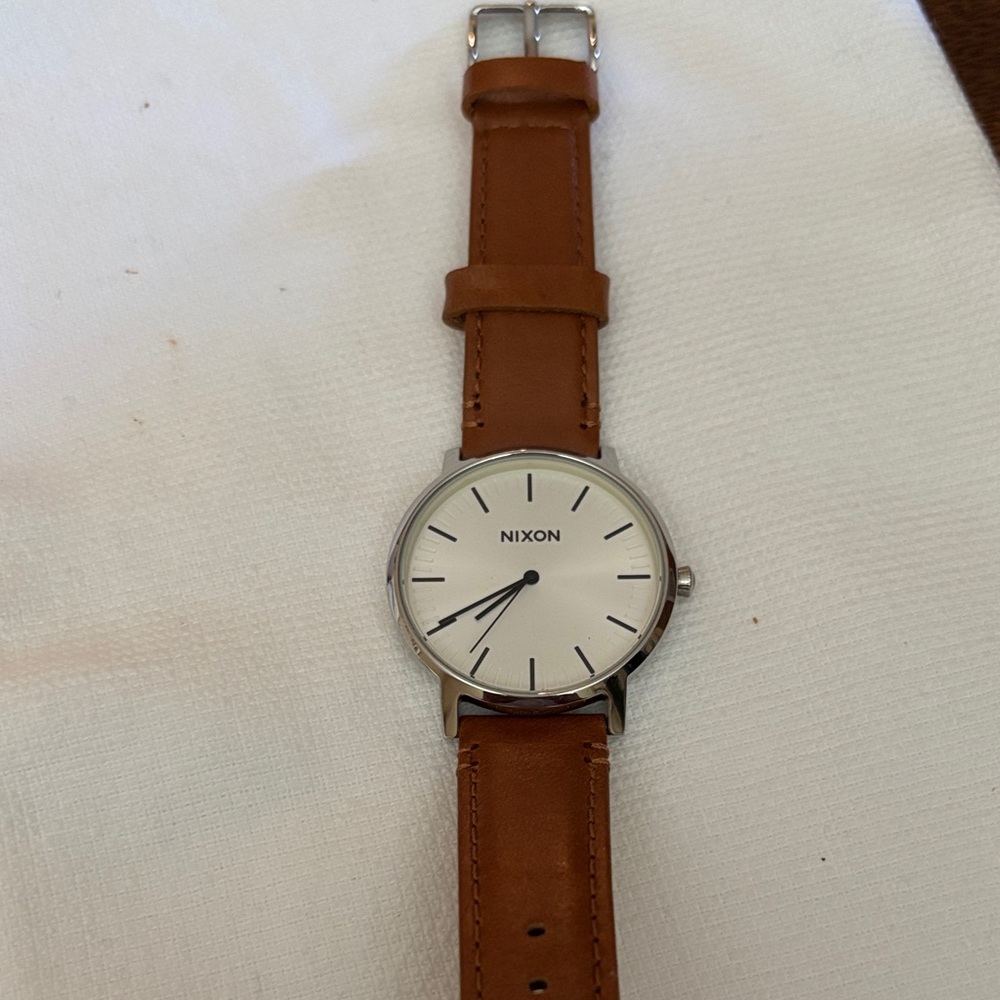 Nixon Silver Case Watch with Tan Leather Strap